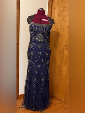 Evening Navy Beaded Cap-Sleeve Gown